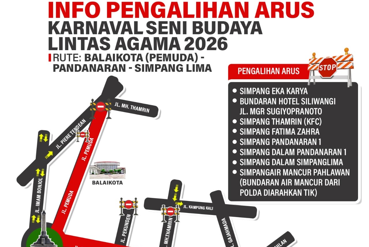 Pawai Ogoh-Ogoh Semarang 2026 digelar Minggu (26/4) dengan rekayasa lalu lintas besar di pusat kota.