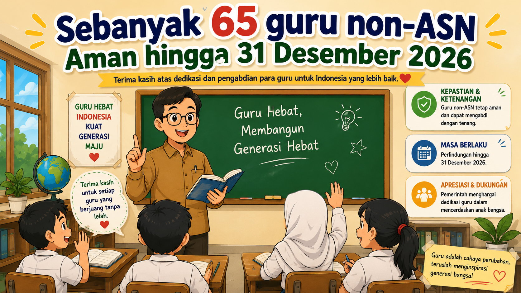 Sebanyak 65 guru non-ASN di sekolah negeri Kota Semarang dipastikan tetap mengajar hingga 31 Desember 2026 setelah terbitnya SE Mendikdasmen Nomor 7 Tahun 2026.