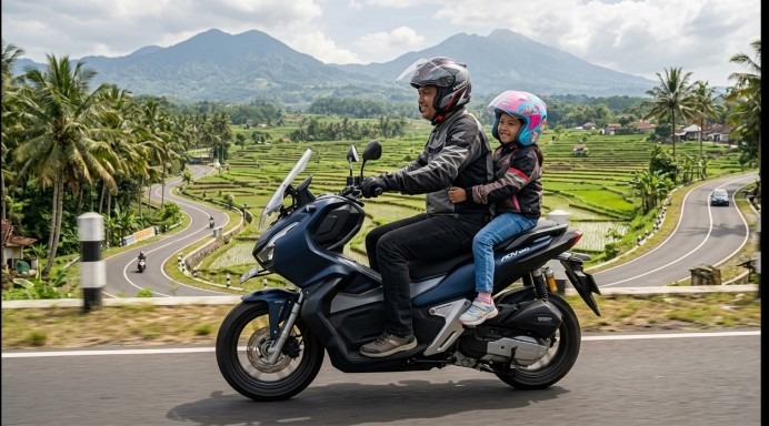 Libur sekolah membuat banyak keluarga memilih sepeda motor untuk bepergian.