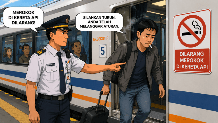 PT Kereta Api Indonesia (Persero) PT Kereta Api Indonesia (Persero) Daerah Operasi 4 Semarang kembali mempertegas larangan merokok di seluruh rangkaian kereta api tanpa pengecualian.
