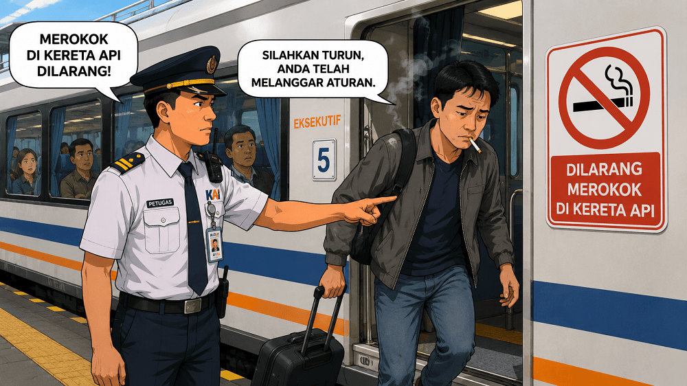 PT Kereta Api Indonesia (Persero) PT Kereta Api Indonesia (Persero) Daerah Operasi 4 Semarang kembali mempertegas larangan merokok di seluruh rangkaian kereta api tanpa pengecualian.